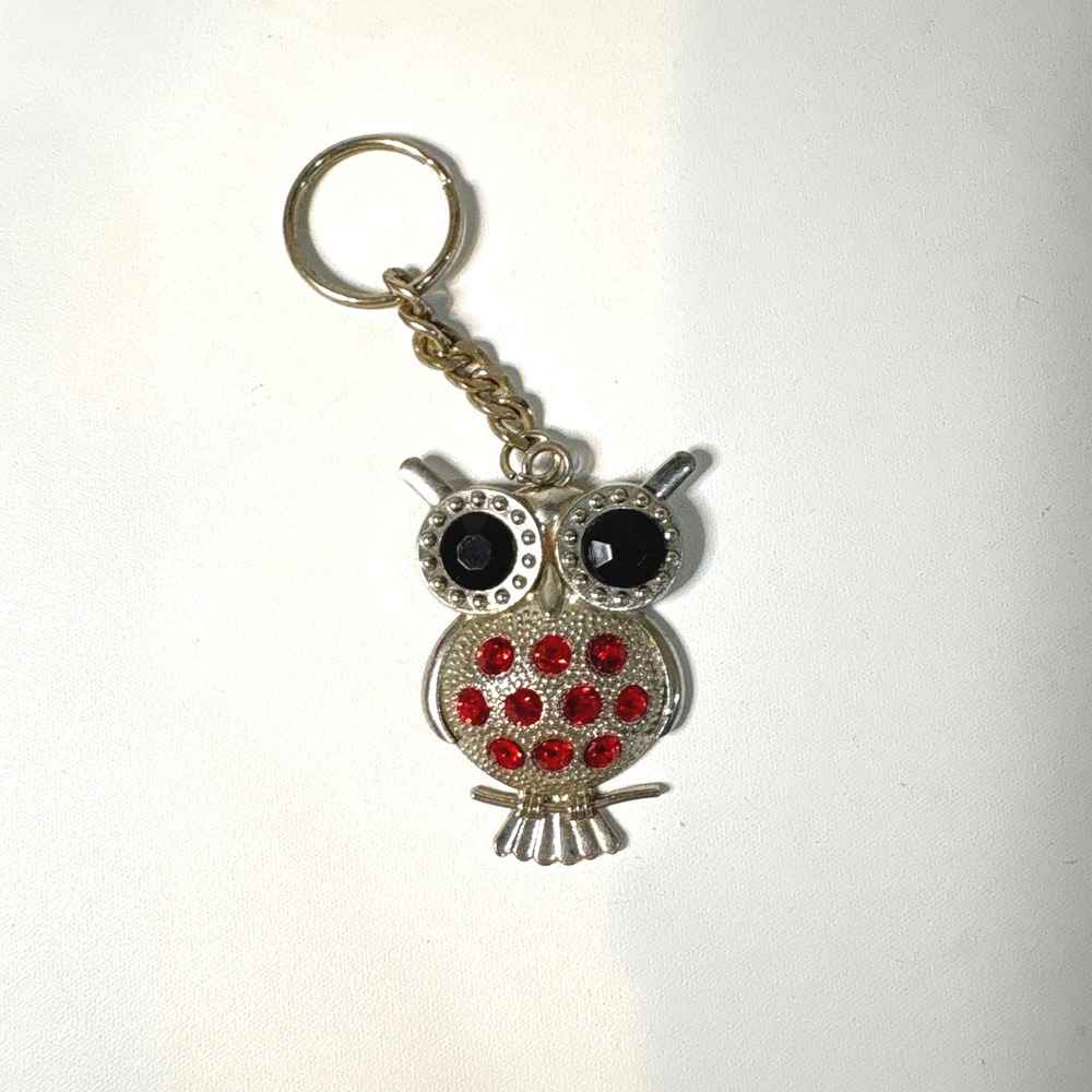 Vintage Style Silver Tone Owl Keychain with Red and Black Rhinestones Accessory
